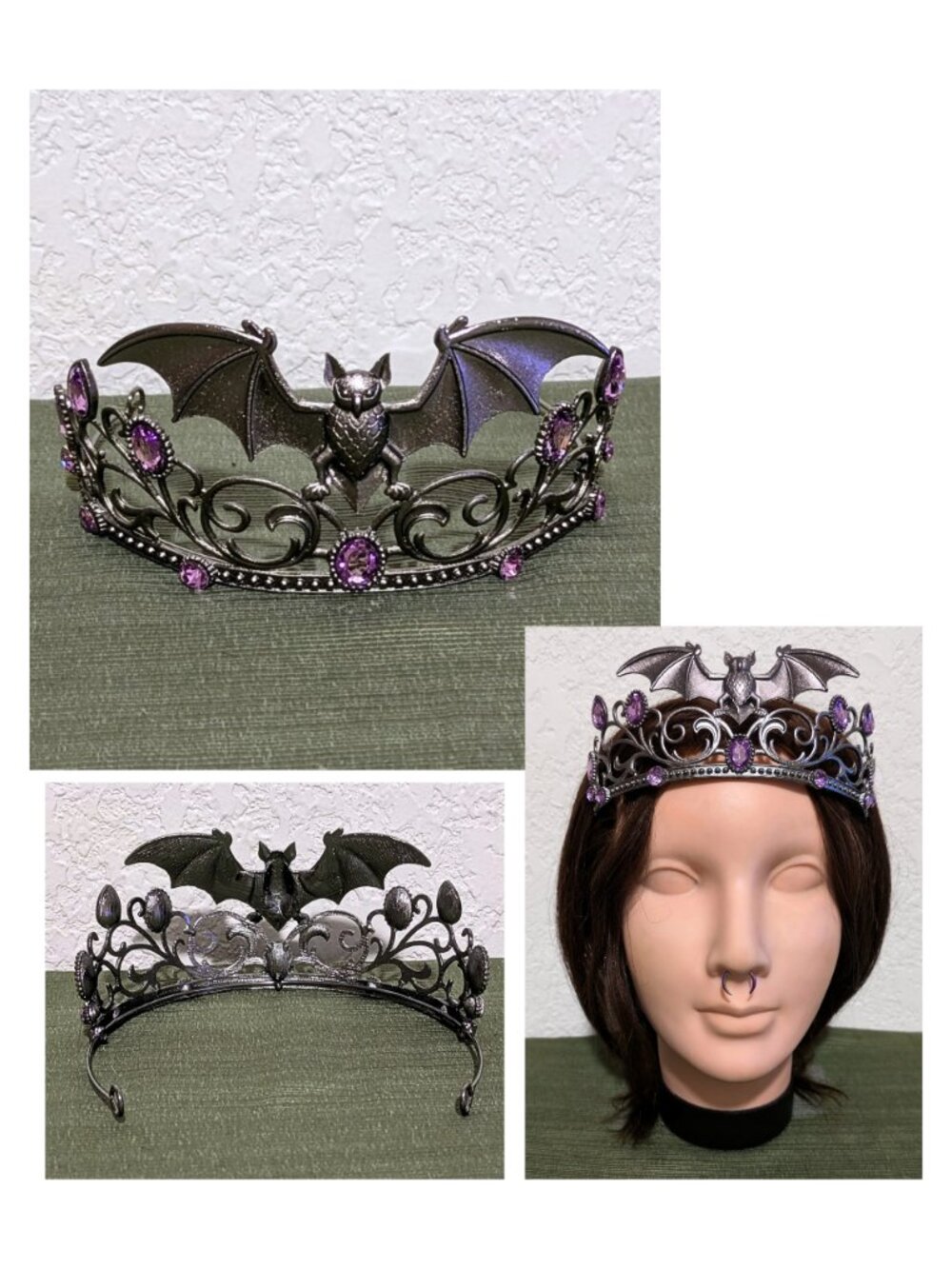 Goth Prom Tiara Adjustable Halloween Bat Crown Crystal Vampire Cosplay Headpiece